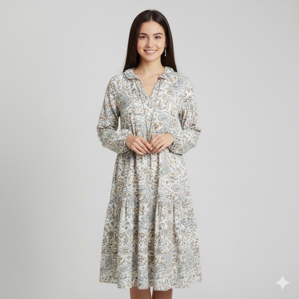 Grace Karma Womens Size XL Tiered Dress Paisley Long Sleeve Ruffle Collar Boho - Picture 1 of 14